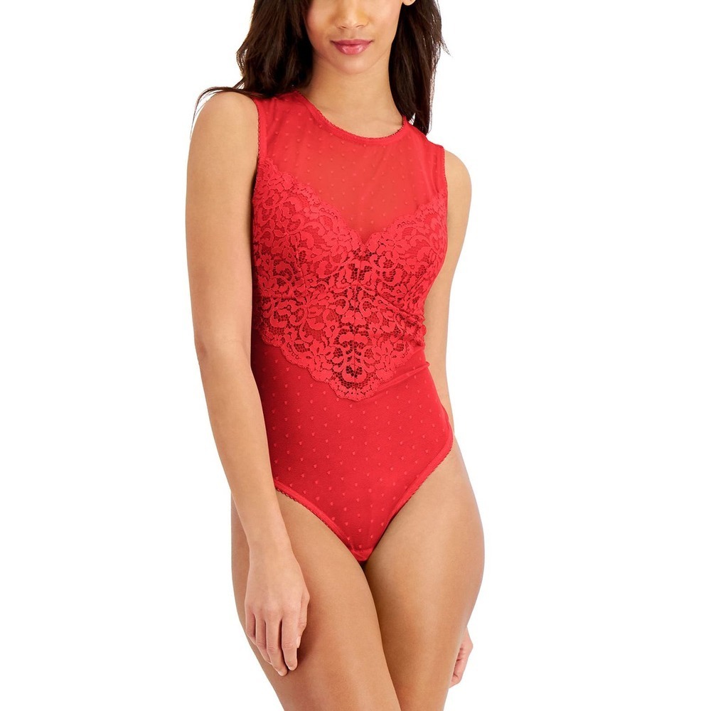 INC International Concepts Sheer Swiss Dot Cupped Bodysuit Red Retail $50 Large
